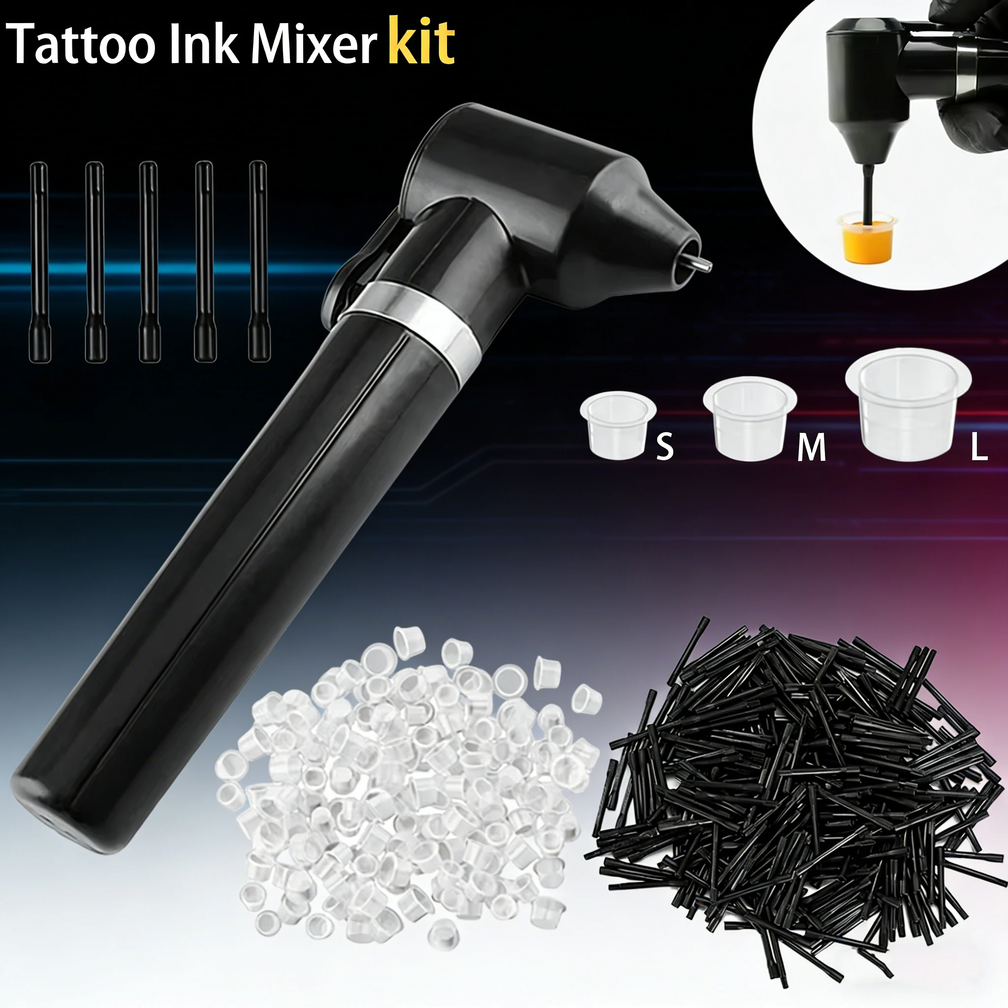 Handheld Tattoo Ink Mixer Kit with Replacement Sticks Ink Caps Pigment Blending Tool for Tattoo Artists & PMU Tattoo Accessories