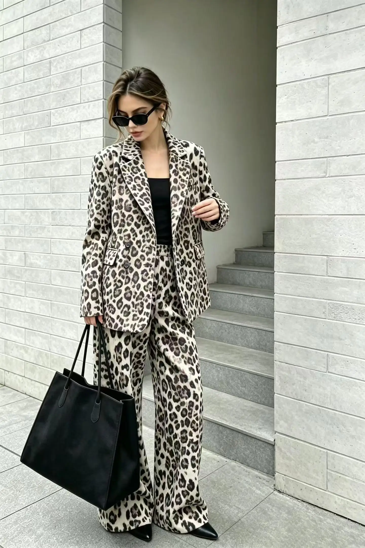 PUAL Women Retro Leopard Pattern Matching Outfit, Notched Collar Blazer & Wide Leg Trousers