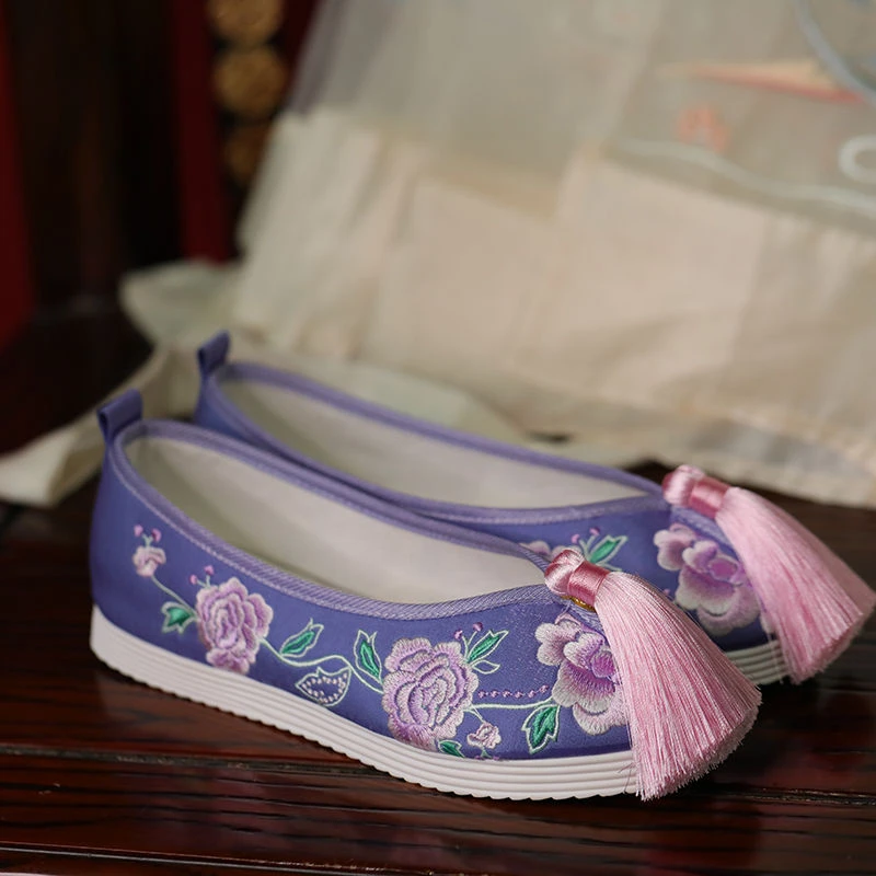 Tassel Shoes Old Beijing Cloth Shoes Hanfu Shoes Tendon Soles Ancient Style Peony Embroidery Shoes Embroidered Clothes Shoes