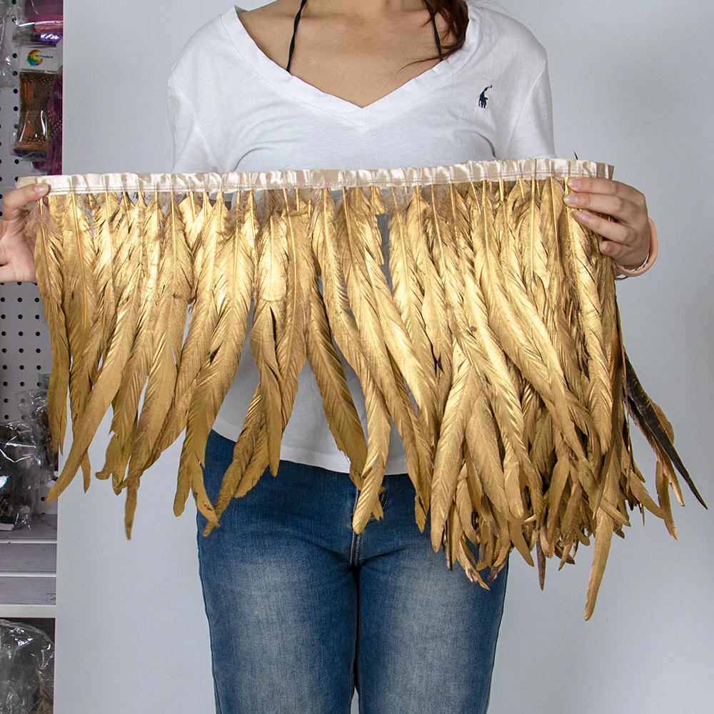 1Meter Golden/Silver Rooster Feathers Tail Trim 25-40CM Chicken Plumes Fringe Ribbon for Needlework Clothing Sewing Decoration