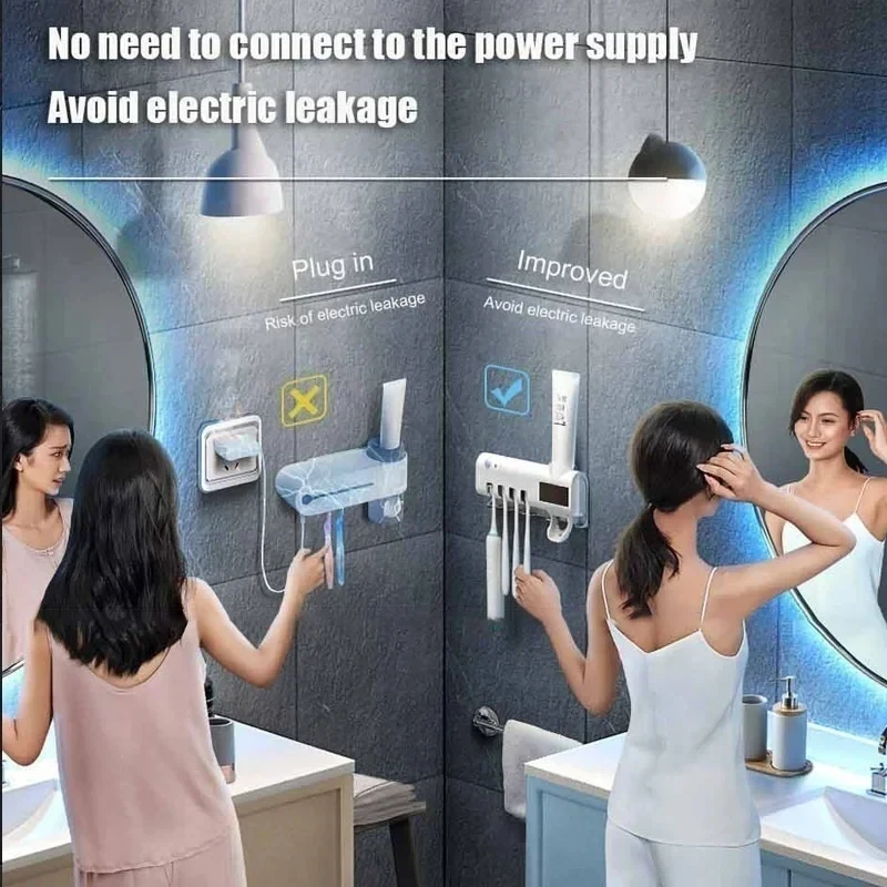 Suporte de Armazenamento para Banheiro com Esterilizador UV Solar para Escovas de Dente e Dispensador de Pasta de Dente Doméstico