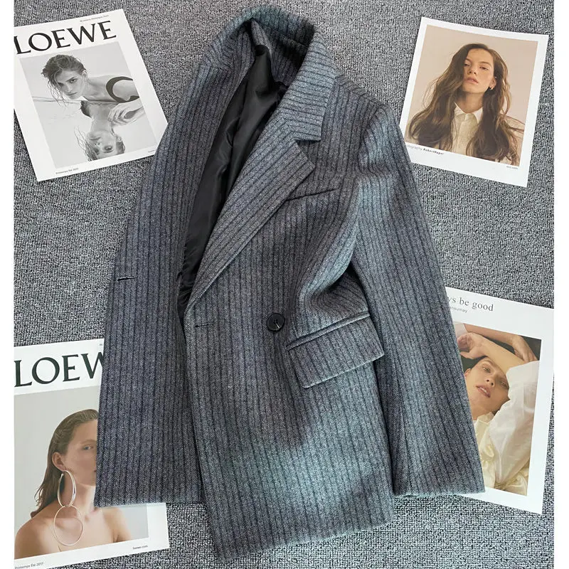 Grey Woolen Suit Jacket For Women 2022 Winter Herringbone Pattern Design Single Breasted Versatile Blazer Fashion Coat T1270