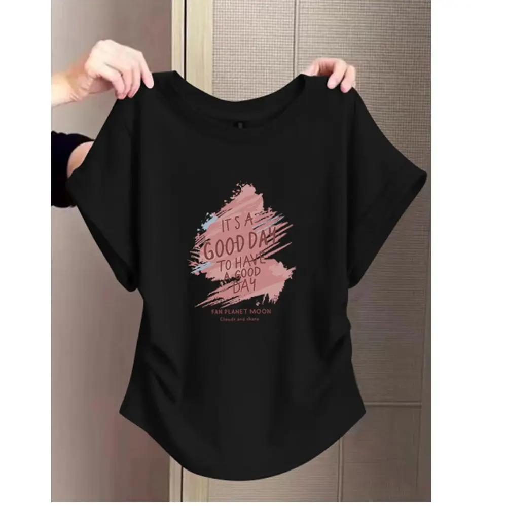 Fashionable Korean Style Women's T-Shirt Short Sleeve Gathered Shoulder Slim Fit Summer New Arrival Printed Commute Style