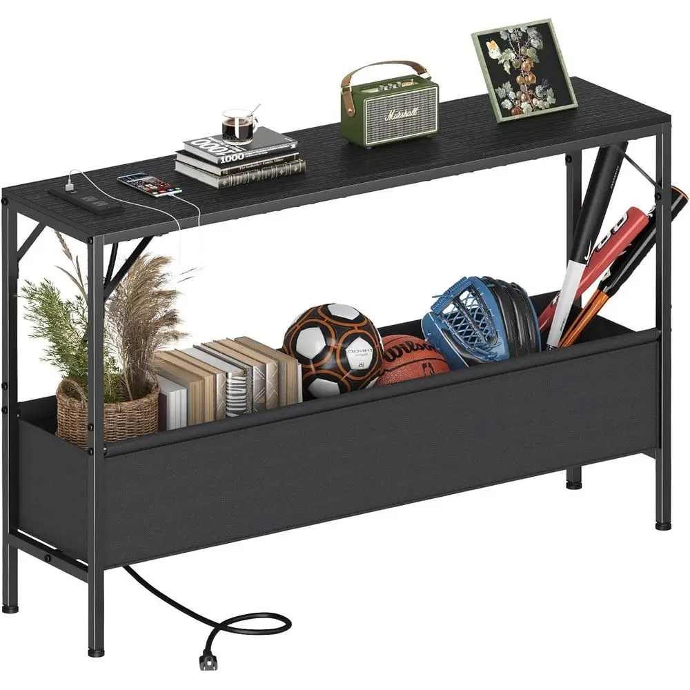

Narrow 47.2 Black Entryway Console Table with Charging Station, USB Ports, and Storage Basket for Living Room, Foyer, and Hallwa