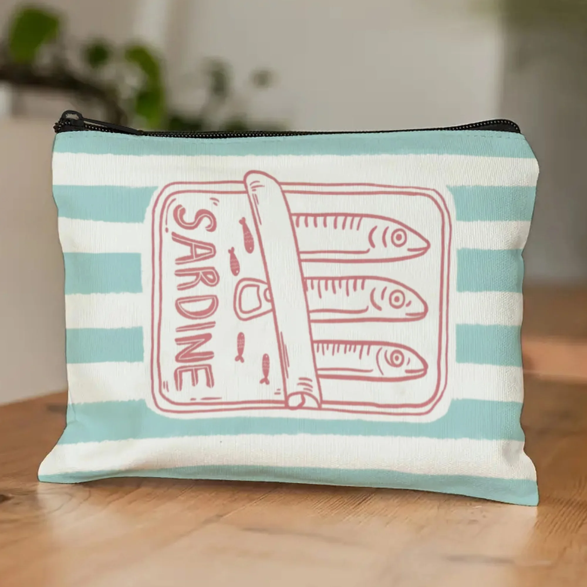 ユニセックス大人用化粧ポーチ、ブルーのポータブルメイクアップバッグ、トレンディなイワシプリントのジッパー付き洗面用具ケース、旅行用アクセサリー