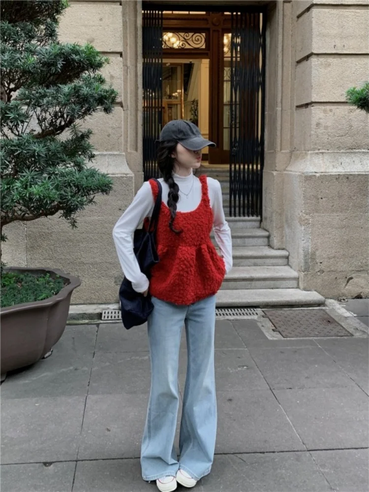 Ensemble de vêtements d'hiver pour femmes, haut rouge, taille haute, élastique, manches longues, col rond, coupe ample, style coréen, décontracté