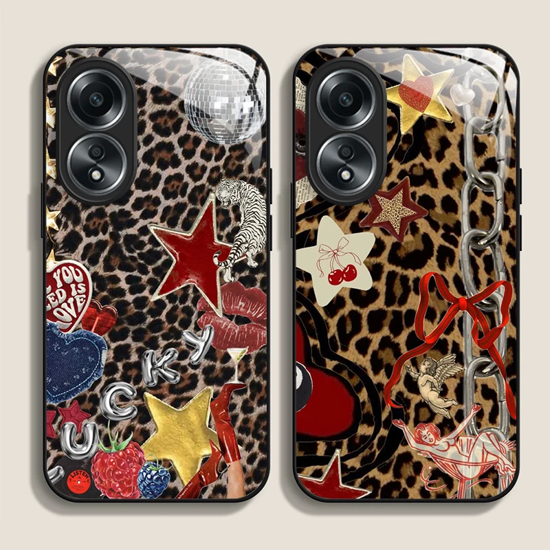Чехол из закаленного стекла с клубничным бантом и леопардовым принтом для OPPO Realme 14 13 12 11 9 10 Pro Plus GT Neo 3 2 X7 Pro C67 C55 Cover