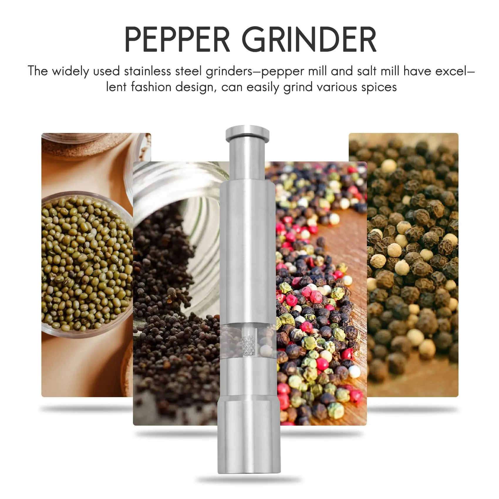 Salt and Pepper Grinder Set of 2, Pepper Mill Stainless Steel Salt Shaker Push-Button Manual Glass Salt and Pepper Set