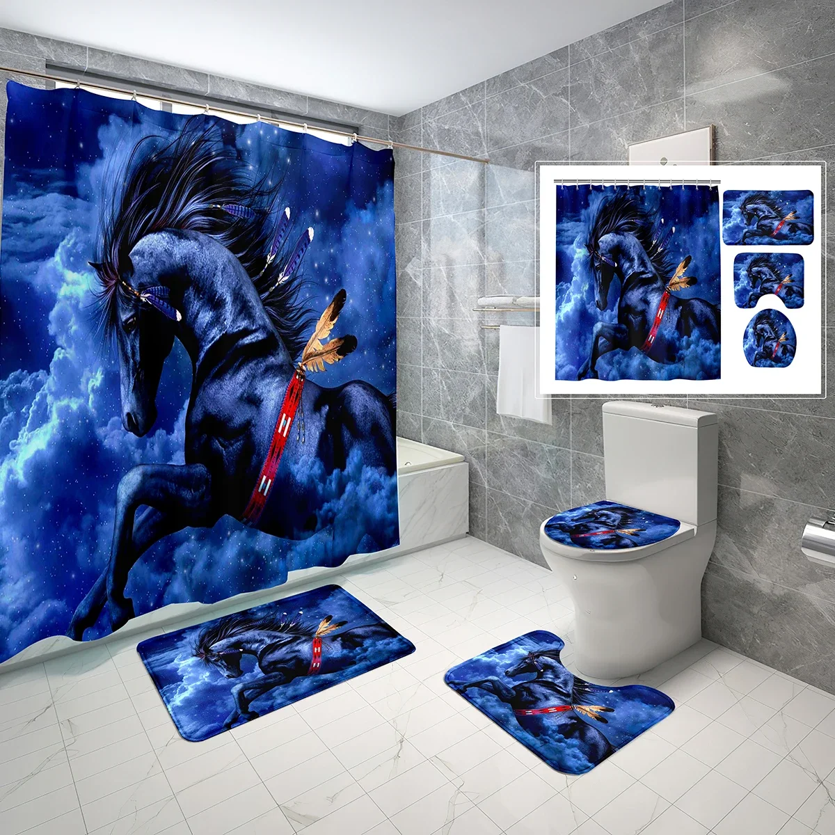 

4 Pcs Fantasy Horse Shower Curtain Set Rendering Pegasus Wings Art Non-slip Bath Mat Toilet Lid Waterproof Shower Curtain Set