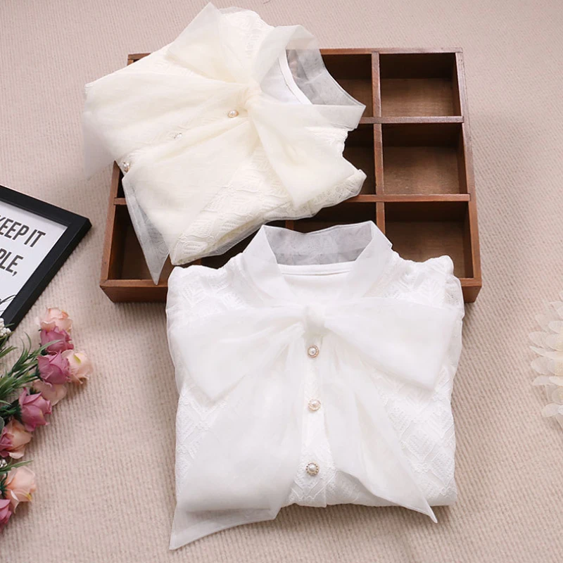 Fashion Baby Girl Blouse Lace Teenager Girl Clothes Shirt Bow Elegant Formal Children Clothing White Pink Kids Outfits Plus Size