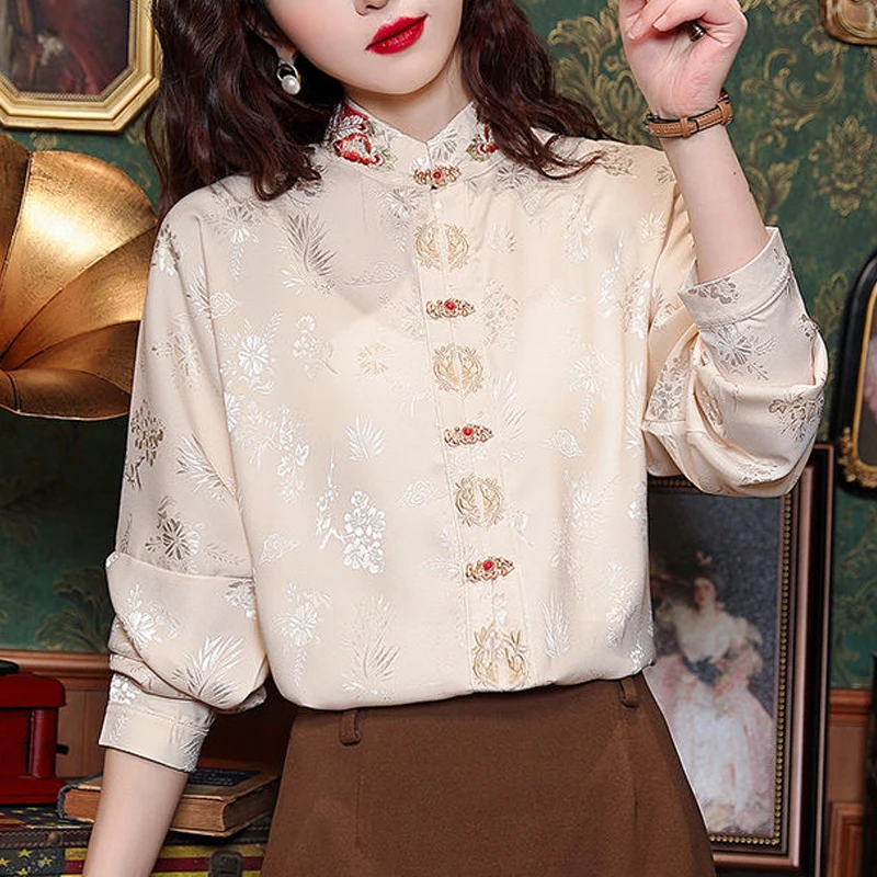 2024 Spring Autumn Women Fashion Vintage Chinese Style Embroidery Shirts Elegant Chic Stand Collar Blouse Long Sleeve Loose Tops