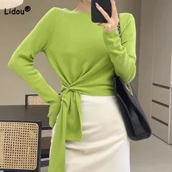 Outono inverno moda elegante irregular retalhos malha topos casual simplicidade sólida manga longa blusas roupas femininas