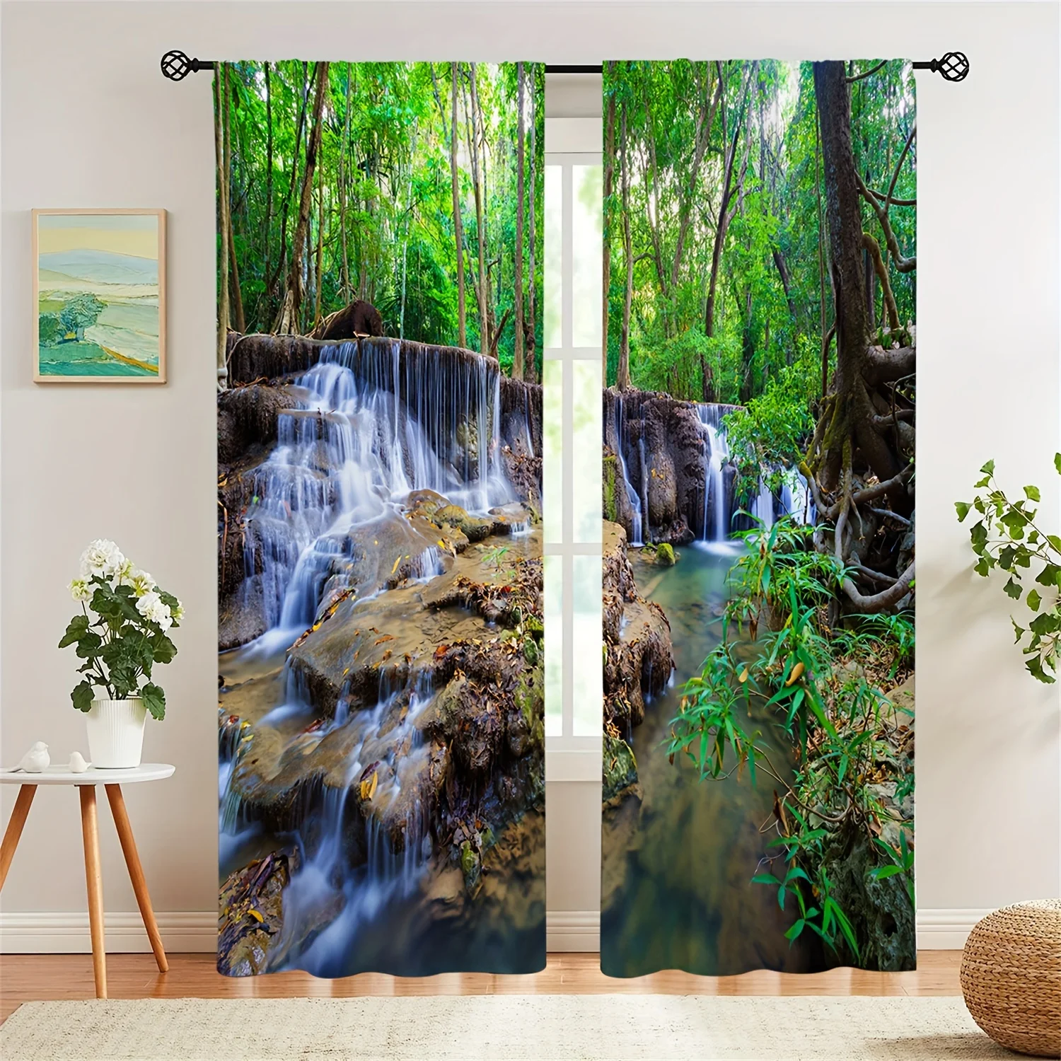 2pcs 3D Natural Landscape Printed Curtain Rod Pocket Curtains, Semi Blackout Decorative Curtains For Living Room Bedroom Office