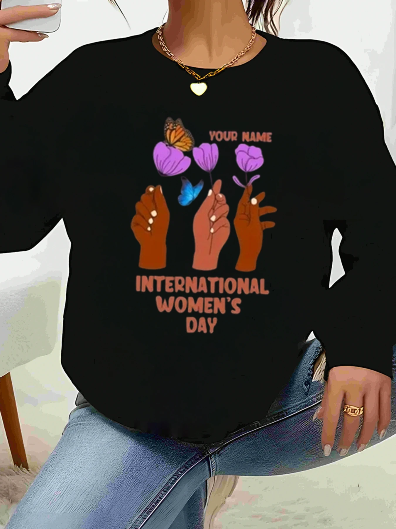 Fleur mains papillon imprimé fête internationale des femmes t-shirt à manches longues tenue décontracté femmes