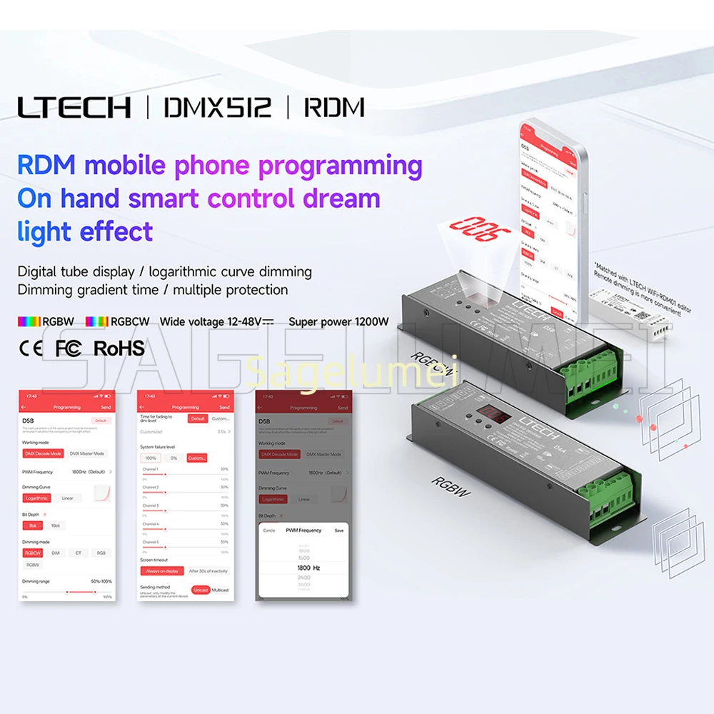 D5A D5B LTECH DMX512/RDM 5CH Constante Spanning Decoder DC12-48V 5 Kanaals Controle Max 24A voor DIM CCT RGB RGBW RGBCW LED Strip
