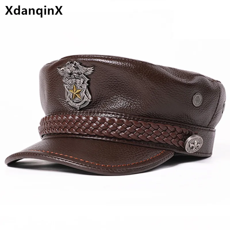 New Autumn Winter Natural Cowhide Leather Cap Flat Caps For Men Military Hats Punk Personality Brands Leather Hat Women's Hat