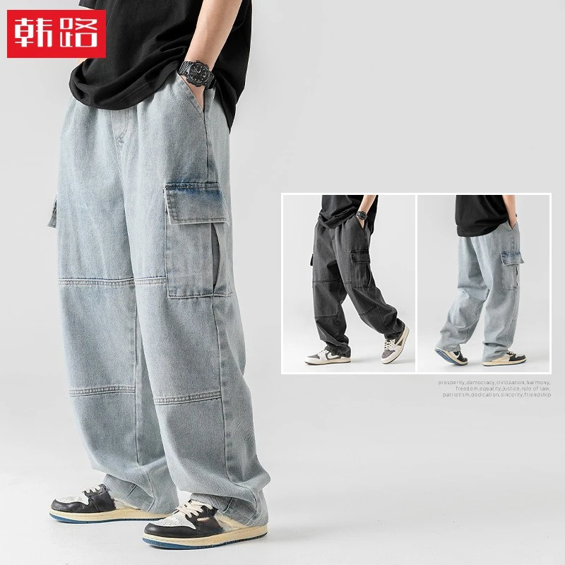 Vintage mode 2025 hommes décontracté à la mode Multi poche ample jambe large Denim pantalon mâle Simple basique Cargo jean pantalon vêtements