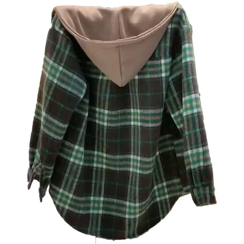 Camisa feminina topo de veludo grosso lixar com capuz camisa xadrez 2026 nova primavera outono inverno meados de comprimento solto versátil camisa jaqueta