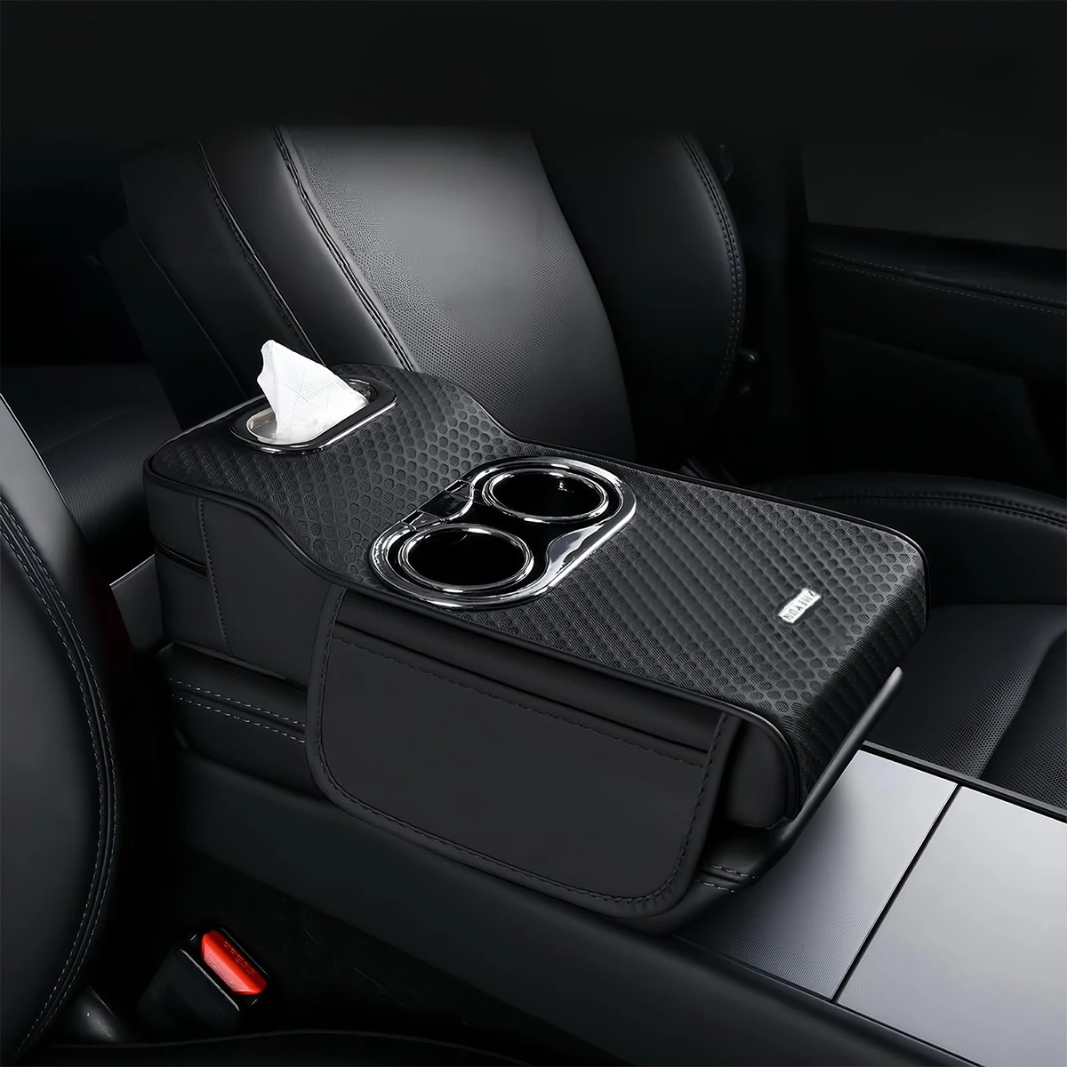 Multifunctional Car Armrest Cushion, Center Console Organizer with Tissue Holder & Cup Holders, Height-Adjustable Armrest Pad