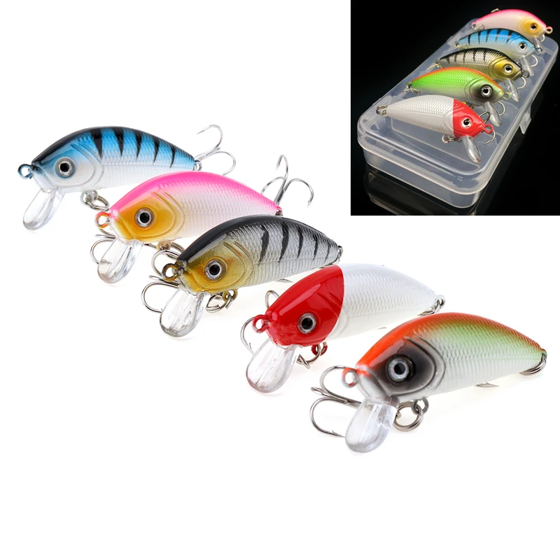 

5pcs/lot Crank Highly Simulated Real Fishing Lures 5 Colors 5cm 3.7g Crankbait Simulation Bait Fishing Gear with Box