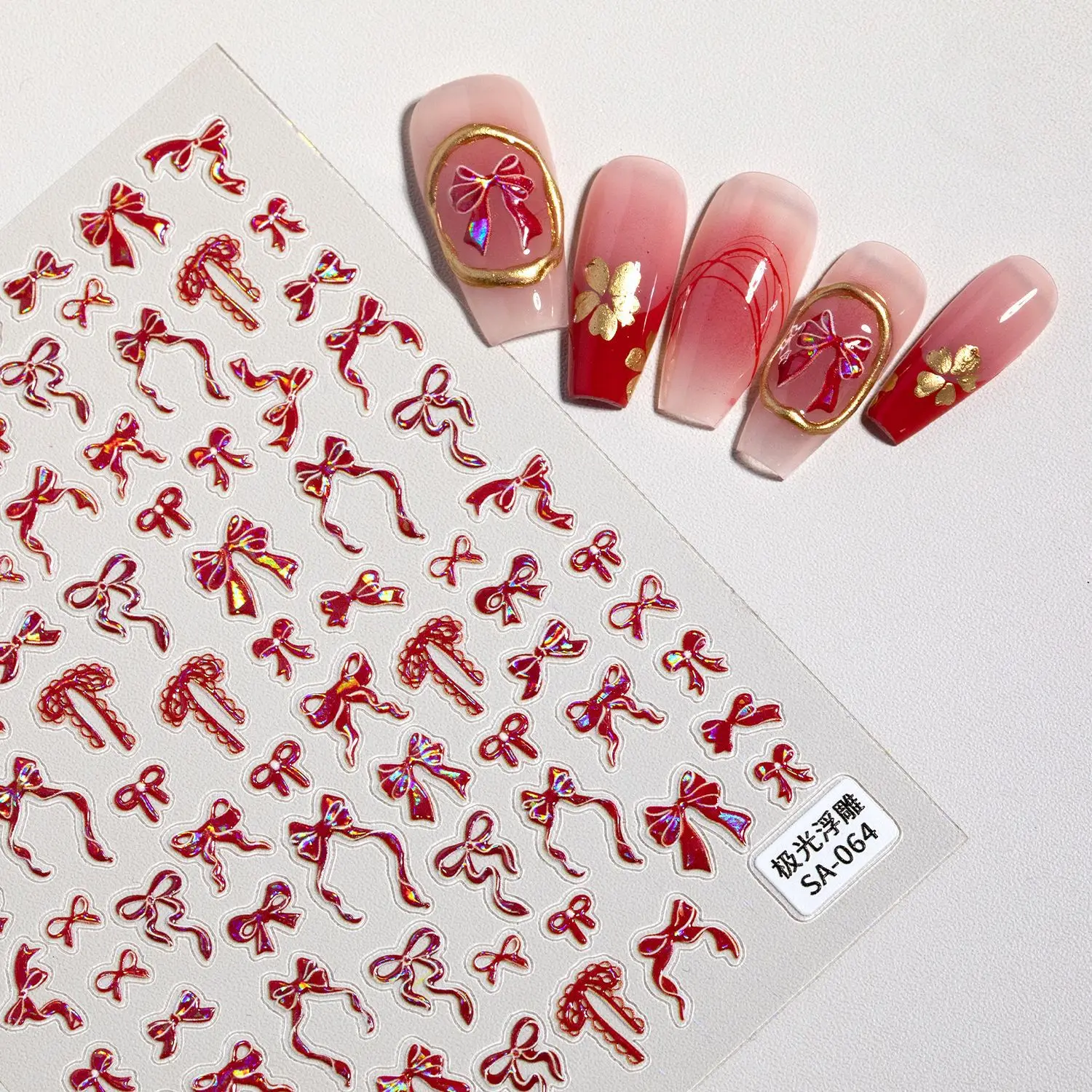 2 قطعة 5D تنقش مسمار ملصقات فنية السنة الصينية الجديدة أورورا الأربطة الحمراء Bowknots المتزلجون مسمار ملصقات زينة للتقليم