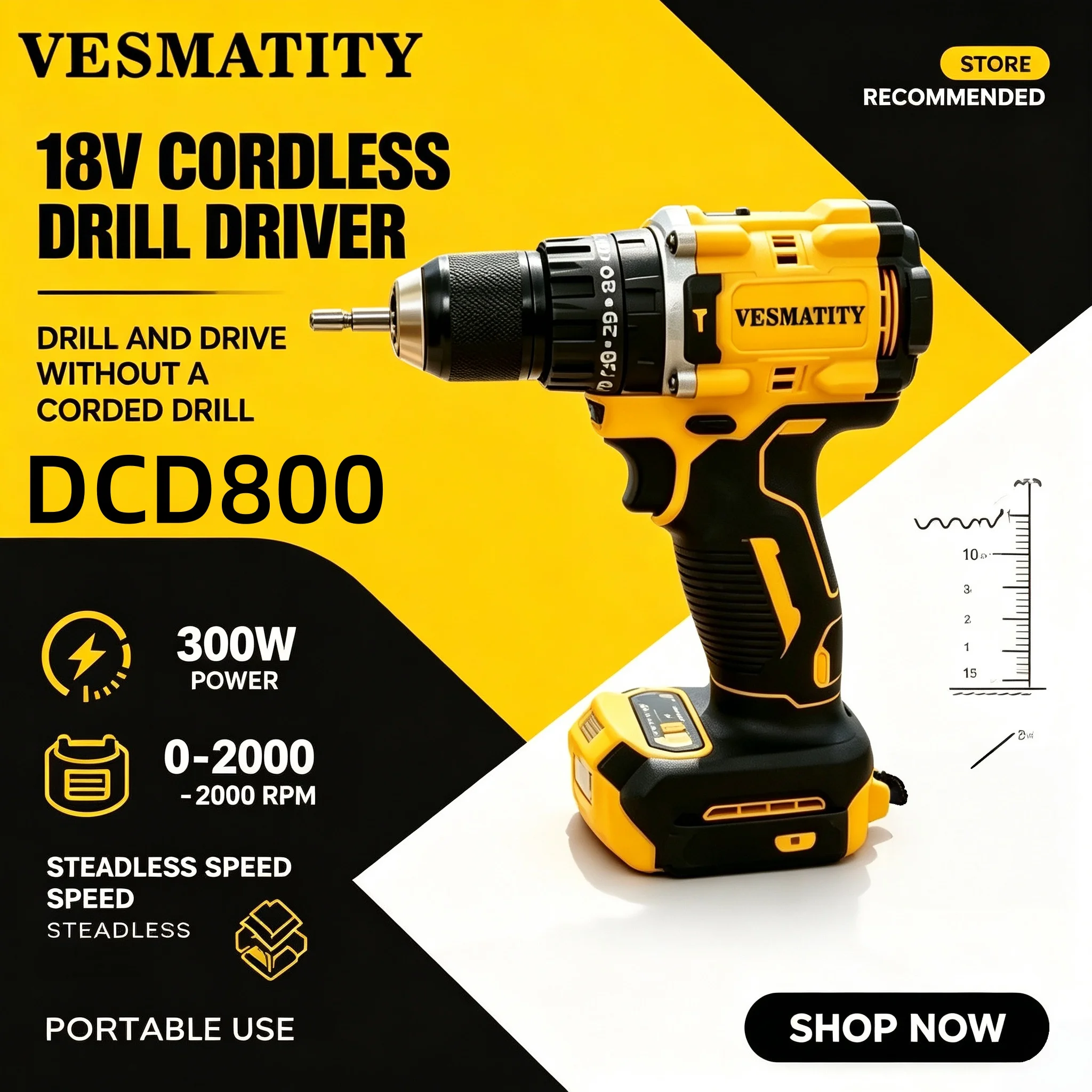 Vesmatity DCD800 High Performance Brushless Cordless Impact Drill & Screwdriver Cordless Electric Multi-Function 20V Power Tool