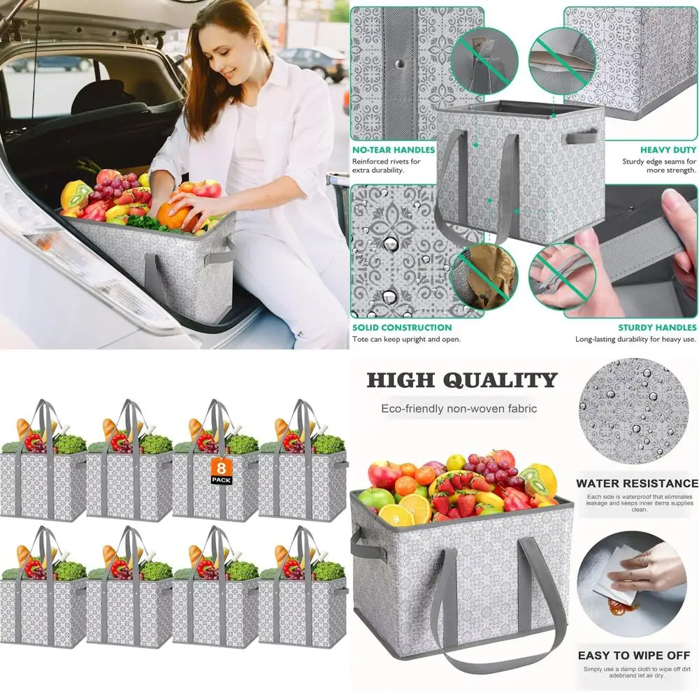 

8 Pack Large Water-Resistant Tote Bags for Grocery Shopping, Ideal for Clothes, Shoes, and Picnics, Grey