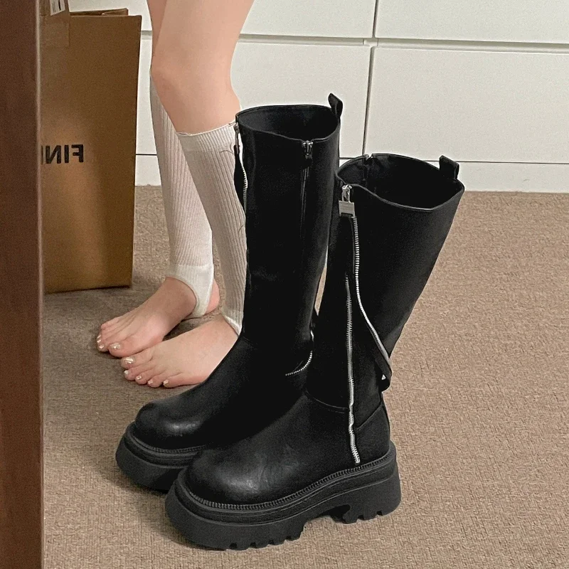 

Winter Platform Chunky Woman Knee High Boot Fashion Side Zippers Height Increase Shoes Punk Style Ladies Knight Long Booties