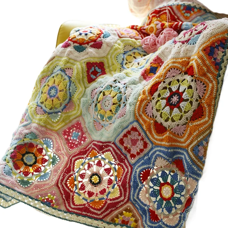 Hand-crocheted Bosva blankets, creative flower-woven blankets, finished wool crocheted thread blankets