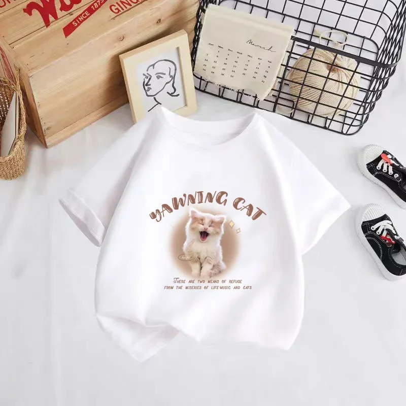 2024 Kids Cartoon kawaii yawng cat ​T-shirt Boy Girl Clothes Baby Tee Kids tops For Children Short Sleeve Boys stitch T-shirt