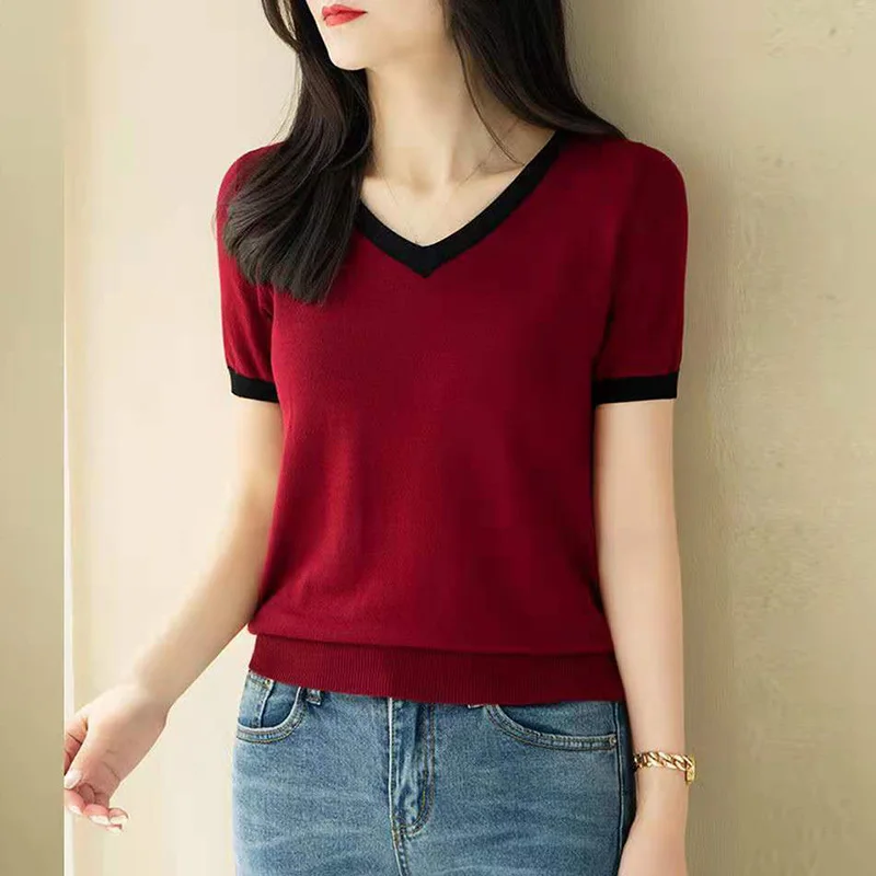 Fashion V-Neck Solid Color Korean Blouse Women\'s Clothing 2023 Summer New All-match Casual Pullovers Short Sleeve Commute Shirt