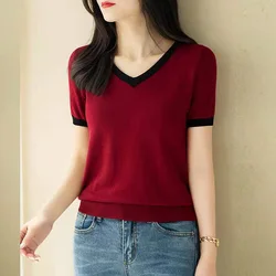 Blusa coreana de Color sólido con cuello en V a la moda, ropa de mujer, novedad de verano 2023, jerséis informales que combinan con todo, camisa de manga corta para ir al trabajo