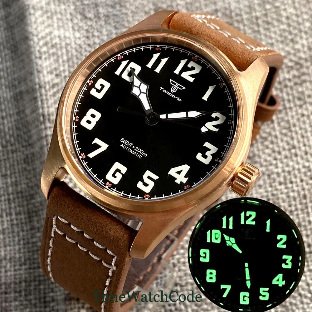 Tandorio 200m Diver Automatic Men's Watch NH35A PT5000 39mm Solid Bronze CUSN8 Sapphire Crystal Black Dial Date Leather Strap