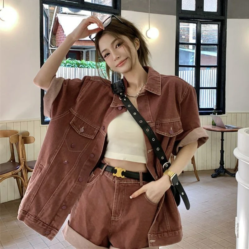 Vintage Fashion Suit Women\'s Summer New Sense of Advanced Short-sleeved Denim Jacket Temperament Wide-leg Shorts Two-piece Set