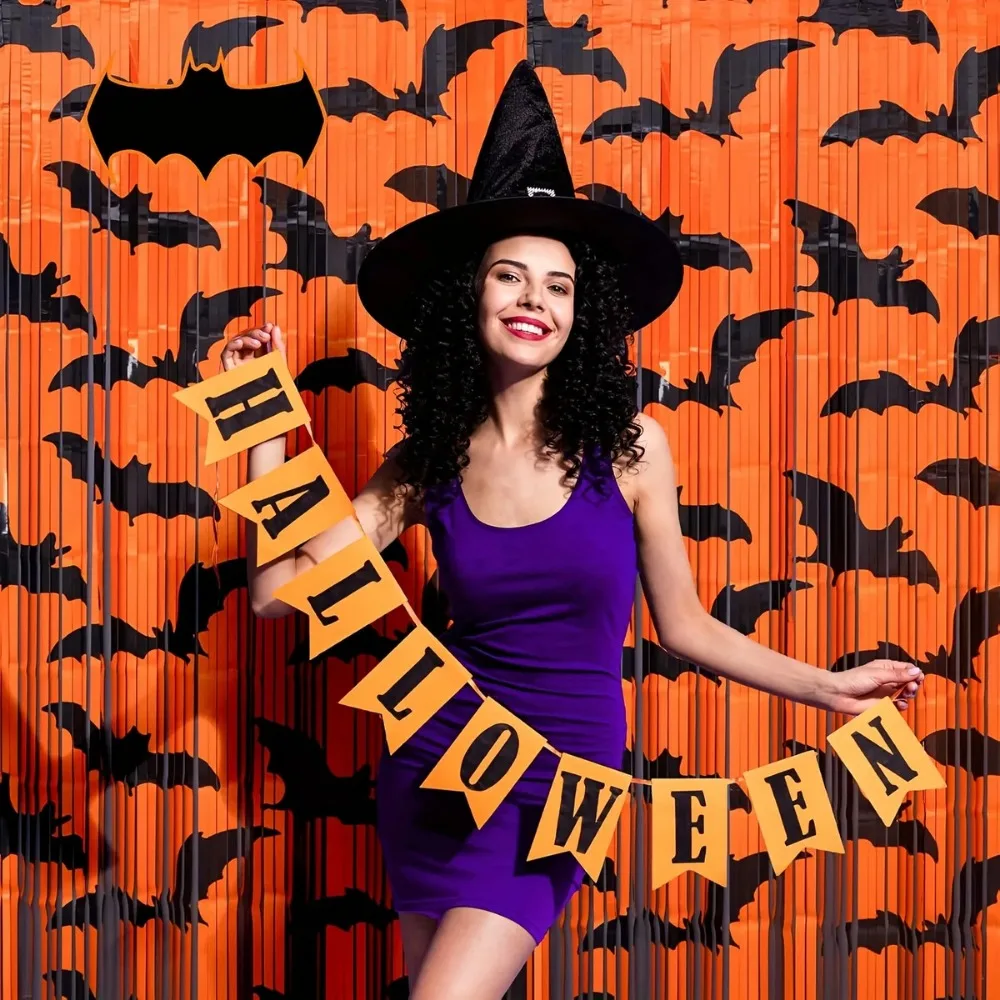 1Pc Black Bat Pattern Orange Foil Fringe Backdrop, Halloween Themed Photo Booth Background Decor For Holiday Party Supplies - view 4