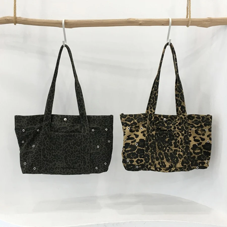 

Korean-style casual tote bag women large-capacity retro leopard print canvas handbags casual daily shopping purse shoulder bags