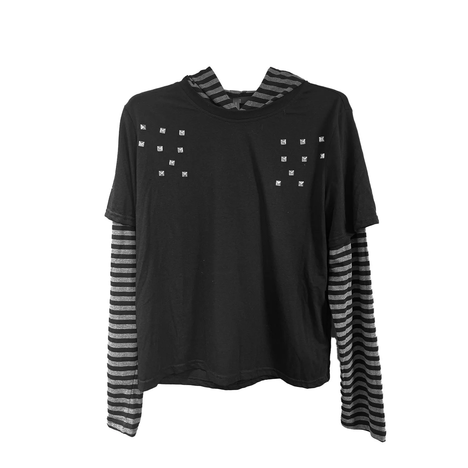 Subculture style hooded T-shirt, new style in early autumn, striped retro contrast design, rivet beading decorative T-shirt