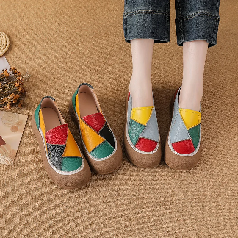 Top Layer Cowhide 2025 Spring and Autumn Season Sponge Cake Thick Sole Casual Leather Color Blocked Beggar Shoes for Women