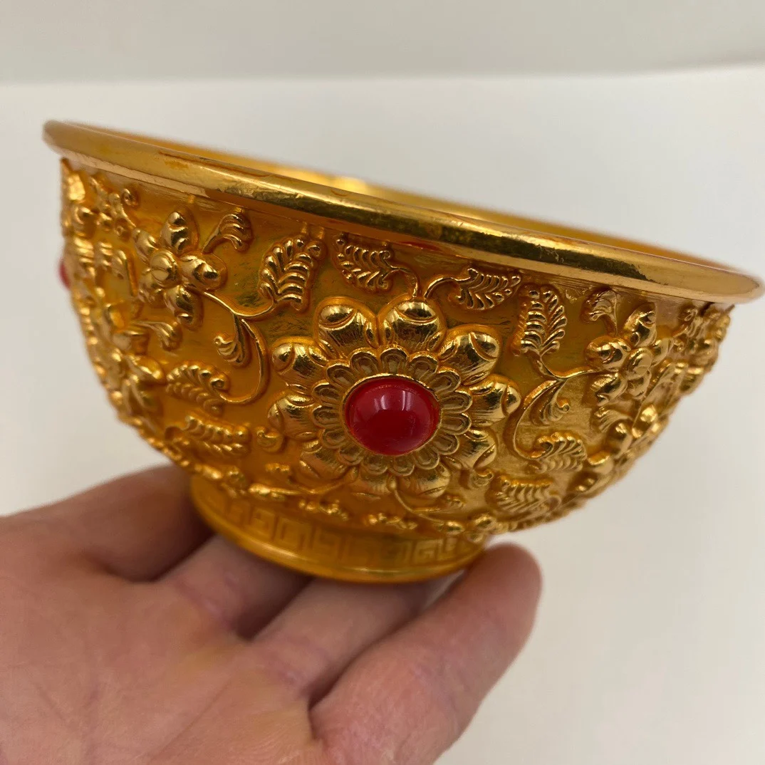 

Family brass gilding gold-inlaid gemstone flower pattern bowl water supply holy water home decoration ornament