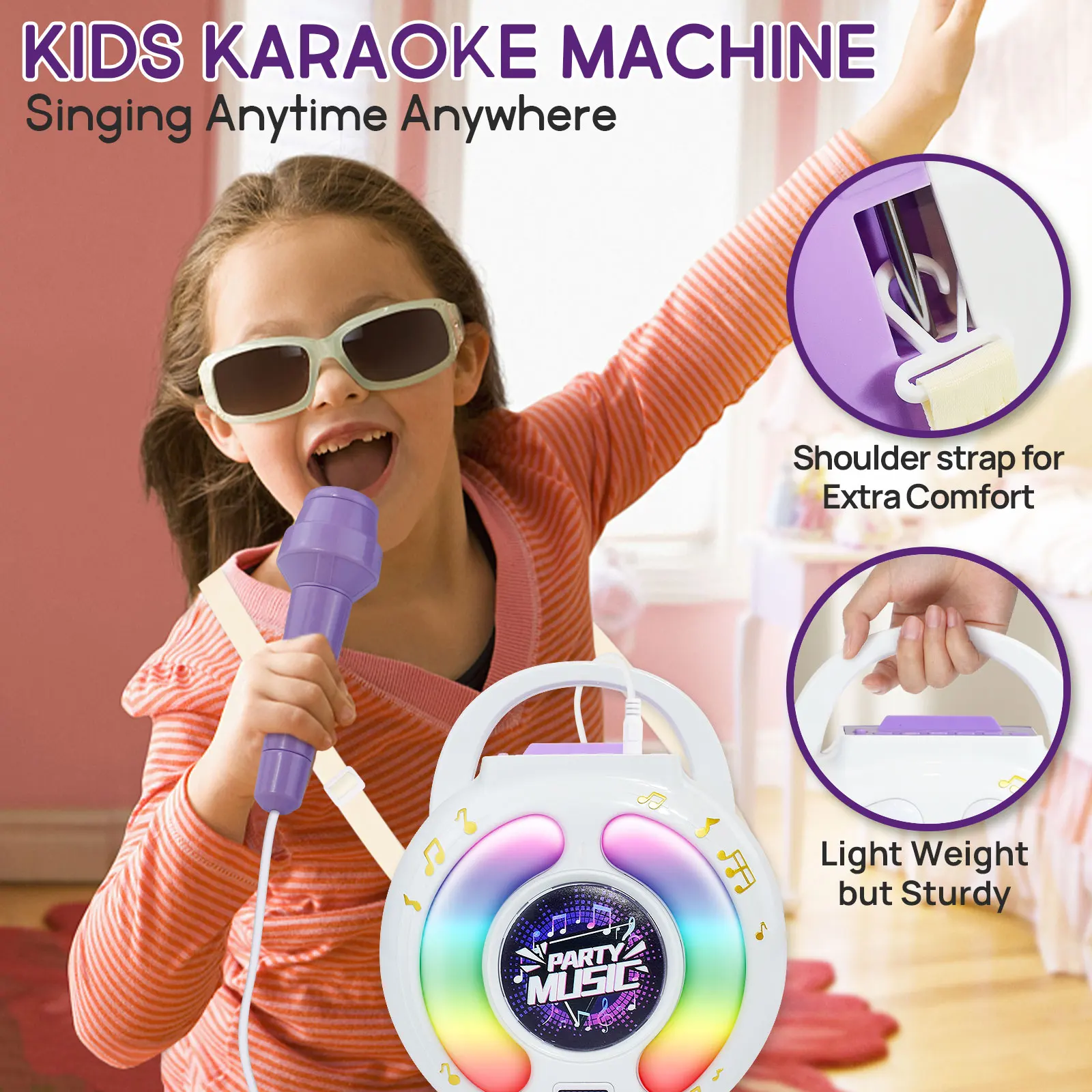 Macchina per karaoke per bambini con 2 microfoni Giocattolo musicale per karaoke portatile con funzione di cambio vocale di registrazione della luce per regalo per ragazze e ragazzi