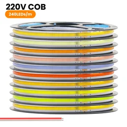 220V 5m 10m COB LED Strip Light Super Bright 240LED/m Flexible Led Tape Lights Linear Lighting RA90 8mm PCB Warm Natural White