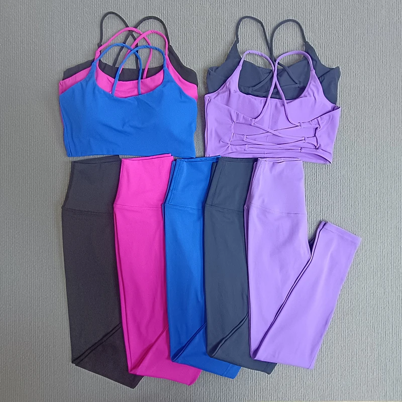 

2 Pieces Yoga Clothes Sets Gym Sports Set Fitness Suits Women Cross Back Bra Top High Waist Leggings Running Workout Tracksuit