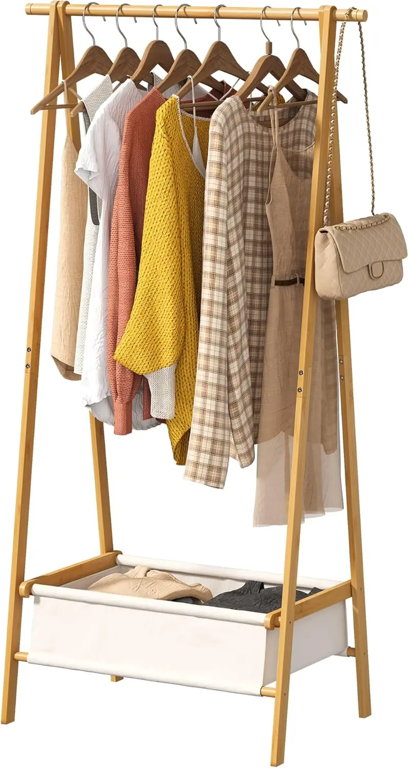 

Складная бамбуковая вешалка для одежды с ящиком для хранения, отдельно стоящая стойка для подвешивания пальто и платьев, натуральная, большая