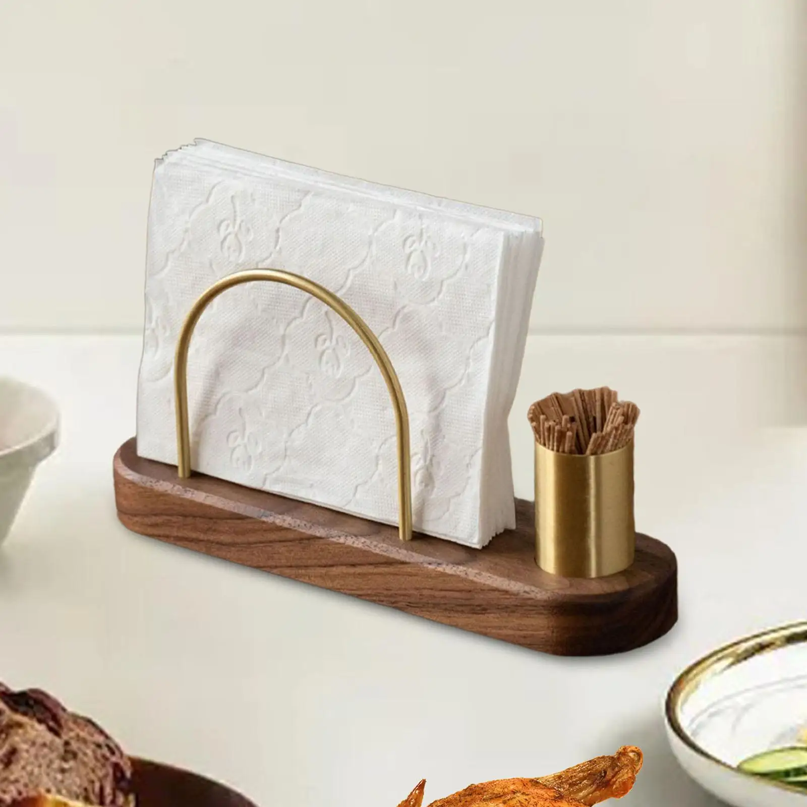 

Napkin Holder Napkin Dispenser, with Toothpick Holder Wood Base Brass Napkin Stand Tissue Rack for Dining Room Home Use