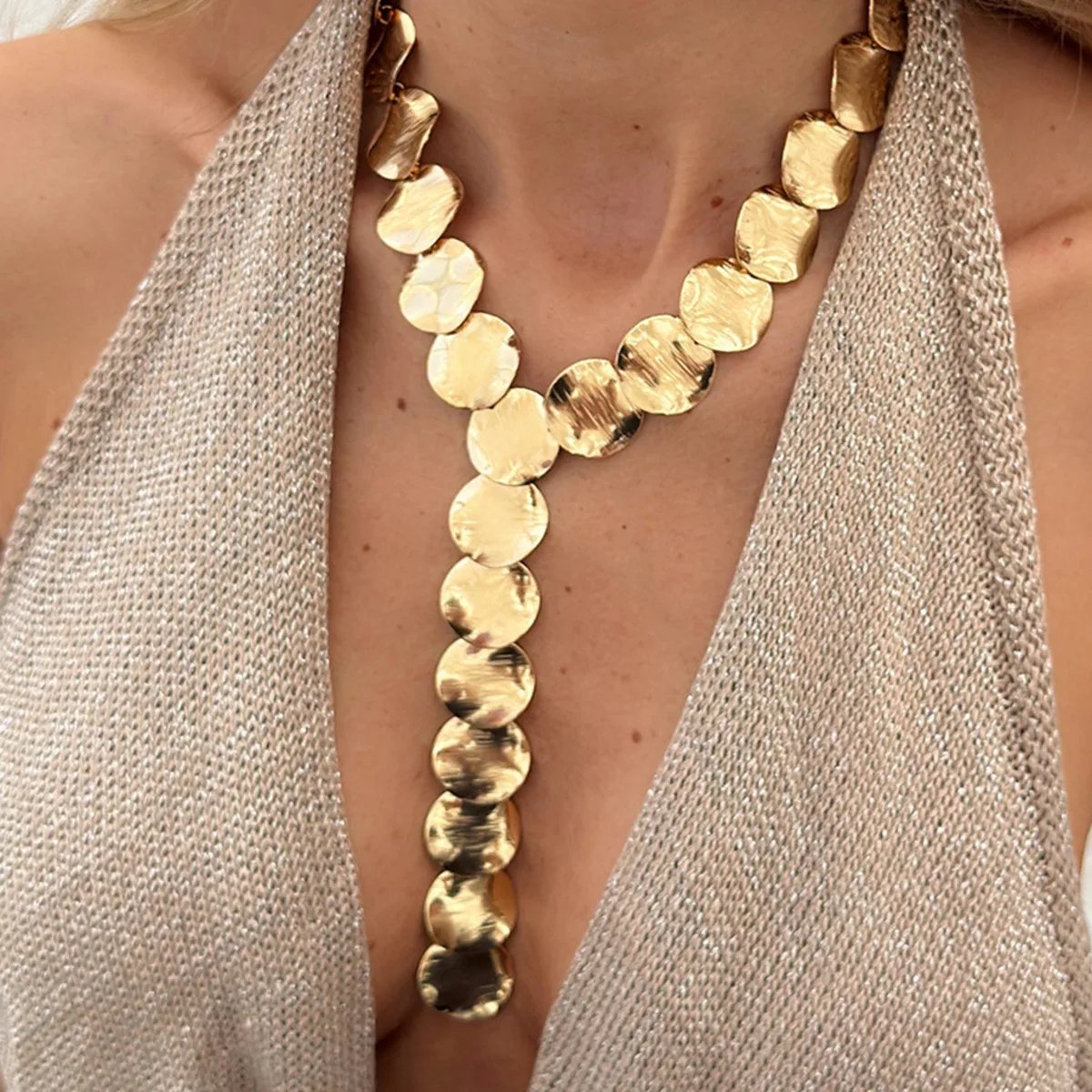 SHIXIN Luxury Metal Sequins Long Chain Necklace for Women Elegant Retro Geometric Round Y-shaped Pendant Necklace Neck Jewelry
