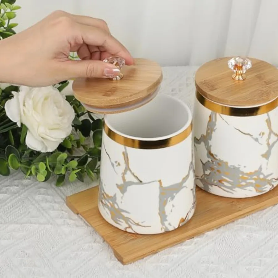 Set of 3 Canisters Set for Sugar Coffee Tea with Airtight Lid Ceramic Storage Containers Sets White Storage Pots with Tray Stor - view 6