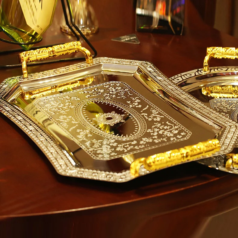 

Stainless steel wine tray rectangular tea tray European living room decoration round plate