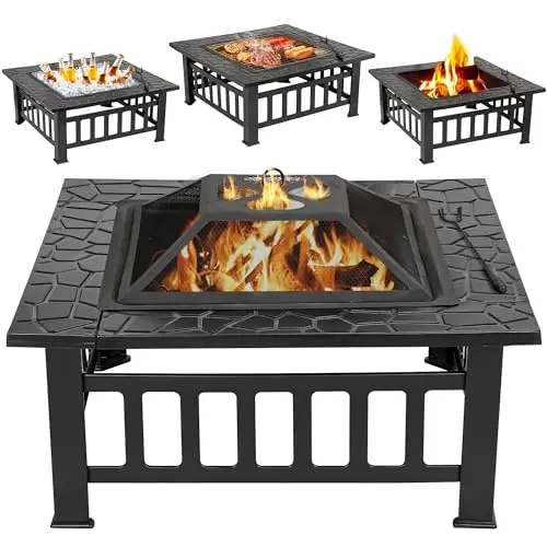 32 Inch Outdoor Fire Pit with Spark Screen Lid and Waterproof Cover, Square Metal Firepit Backyard Patio BBQ Garden