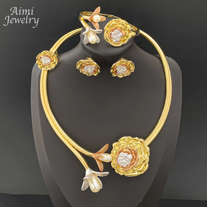 

Элегантное колье с цветочным дизайном, комплект ювелирных изделий из 4 предметов для женщин, преувеличенное ожерелье, серьги, браслет, кольцо, подарки для свадебной вечеринки