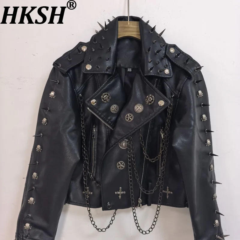

HKSH Women PU Leather Jacket Punk Y2K Hot Girl Street Style Moto Biker Heavy Rivet Chains Trendy Ins Dark Short Coat New HK23978